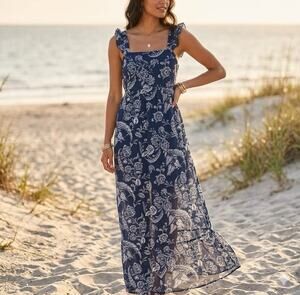 BCNU Navy Blue White Floral Paisley Maxi Dress Ruffle Strap Sz L Boho Vacation